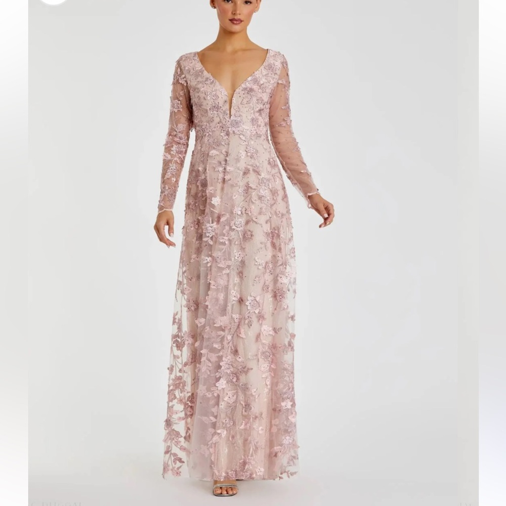 Mac Duggal Blush Floral Long Sleeve Gown